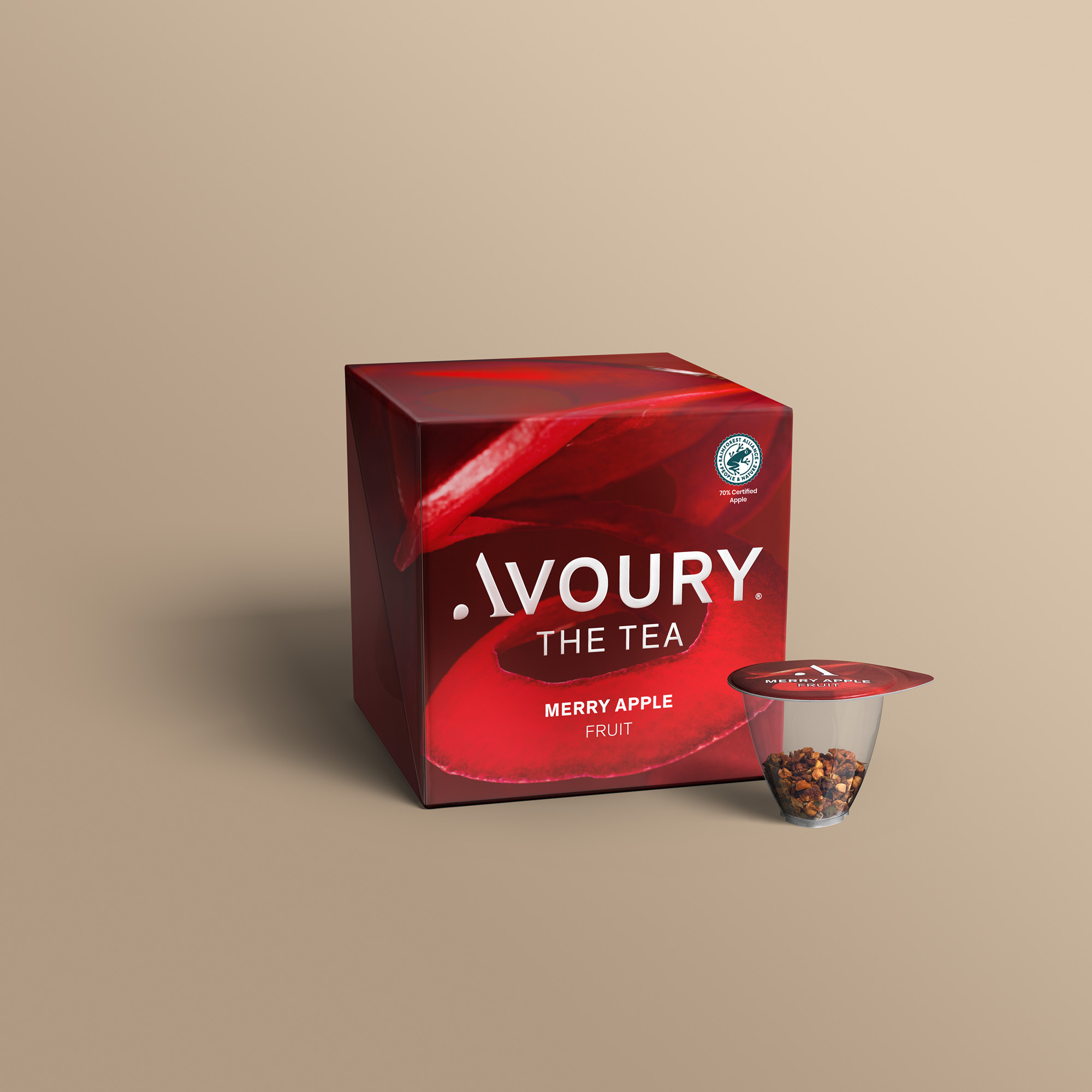 Avoury Merry Apple Teeverpackung mit Kapsel in 3D-Ansicht
